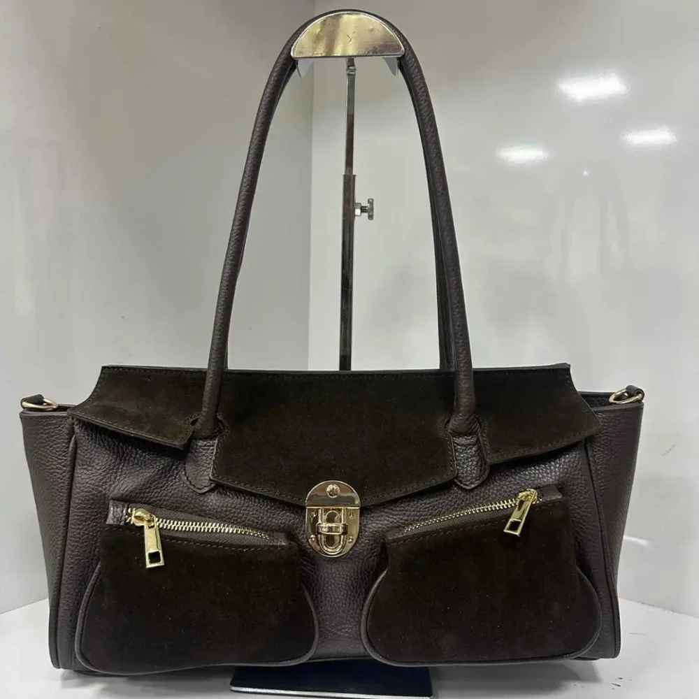 Made in Italy- Chic dark brown Shoulder Bag Genuine Leather - Picture 2 of 13